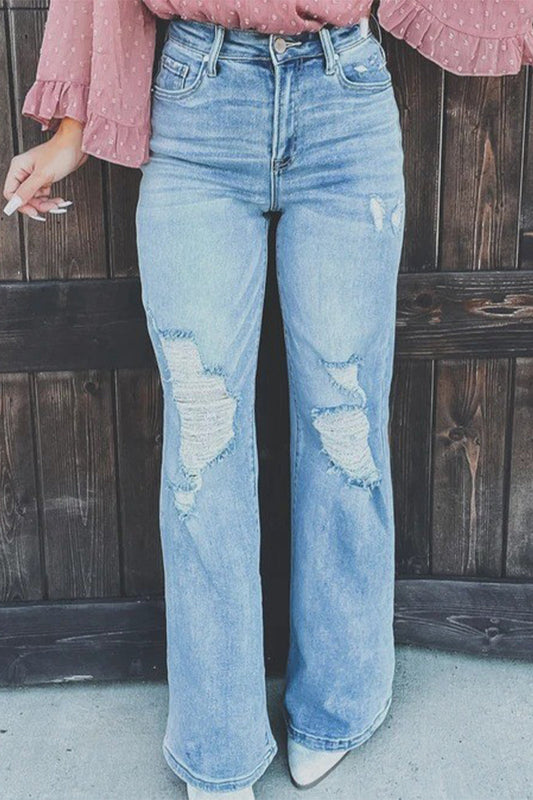 Street Solid Ripped Patchwork High Waist Straight Denim Jeans Blue