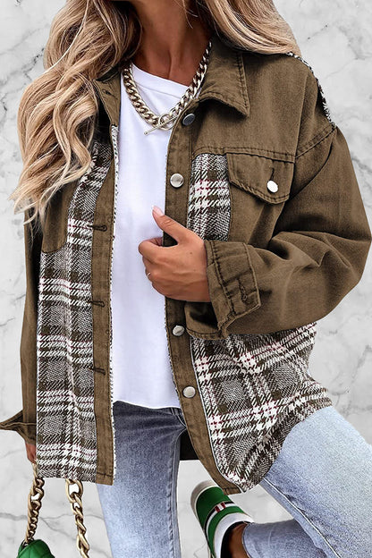 Street Plaid Striped Patchwork Pocket Turndown Collar Outerwear(6 Colors)