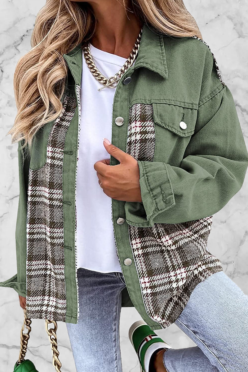 Street Plaid Striped Patchwork Pocket Turndown Collar Outerwear(6 Colors)