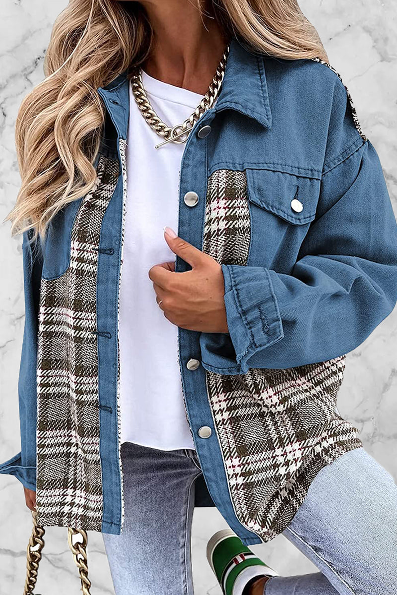 Street Plaid Striped Patchwork Pocket Turndown Collar Outerwear(6 Colors)