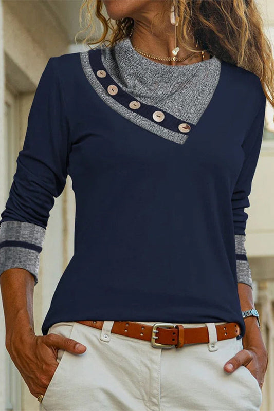 Casual Street Patchwork Contrast O Neck Tops(3 Colors) Navy Blue