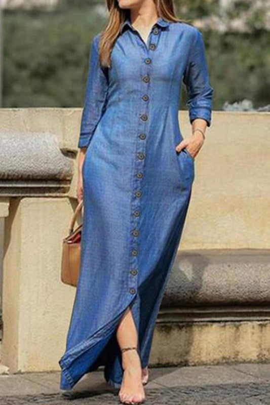 Elegant Solid Buckle Turndown Collar Long Sleeve Loose Denim Dresses(3 Colors) Blue