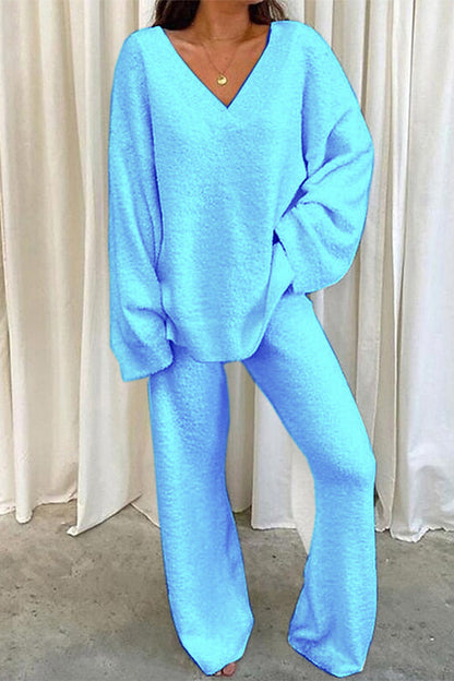 Casual Loose Solid Color V Neck Two Pieces(5 Colors) Light Blue