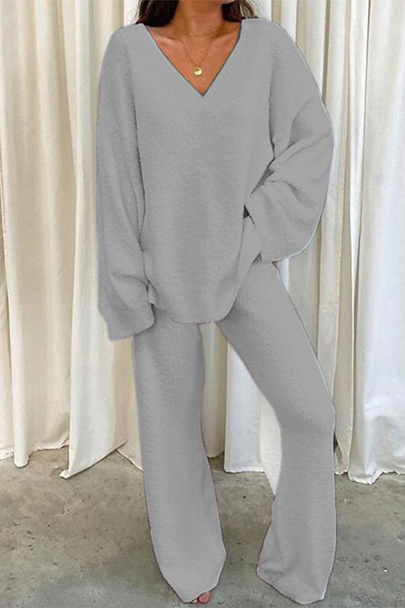 Casual Loose Solid Color V Neck Two Pieces(5 Colors) Light Gray