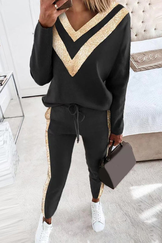 Casual Street Solid Patchwork V Neck Long Sleeve Two Pieces(4 Colors) Black Gold