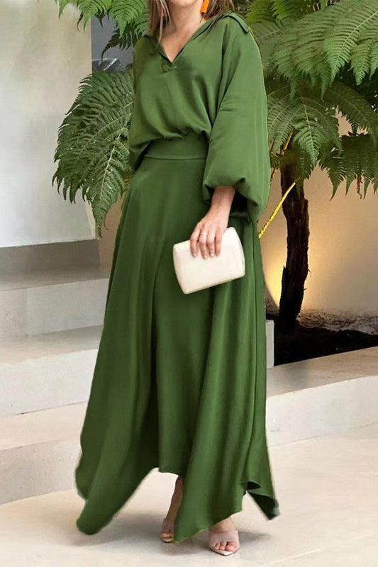 Fashion Solid Color V Neck Long Sleeve Two Pieces(6 Colors) Green