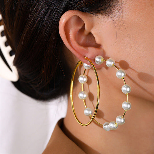 Casual Daily Simplicity Solid Patchwork Pearl Earrings (Three Pairs) Gold One Size