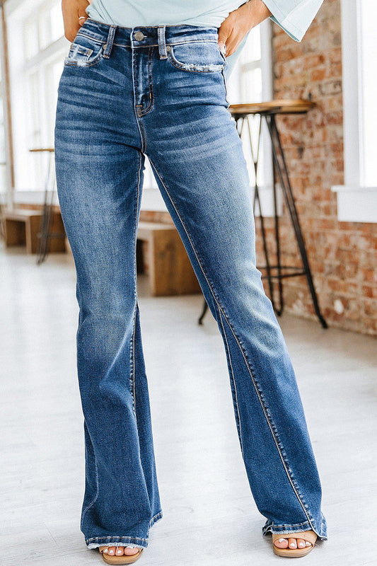 Casual Patchwork Make Old Boot Cut Denim Jeans Blue