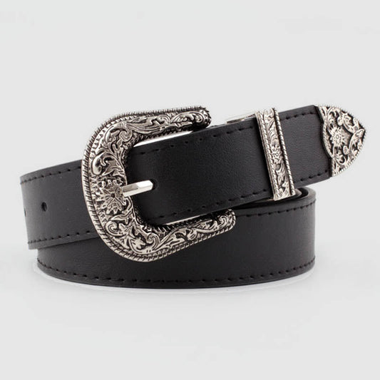 Wisherryy Western Vintage Carved Buckle Basic Belt Black One Size