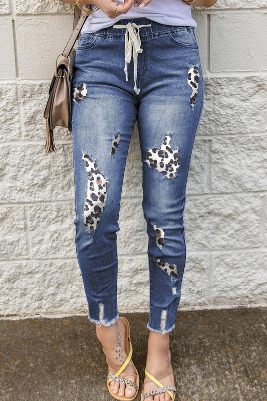 Casual Patchwork Ripped Skinny Denim Jeans Blue