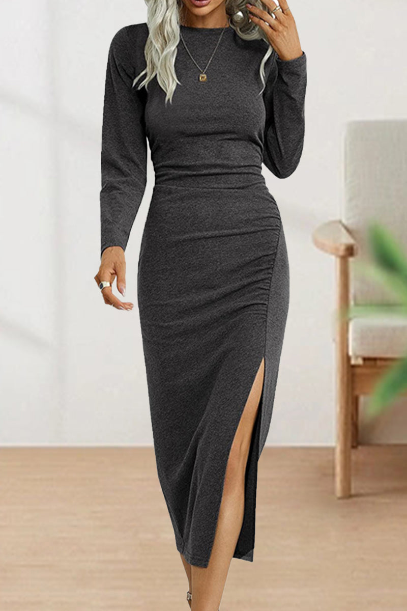 Sweet Elegant Solid Fold O Neck Sheath Dresses Dark Gray