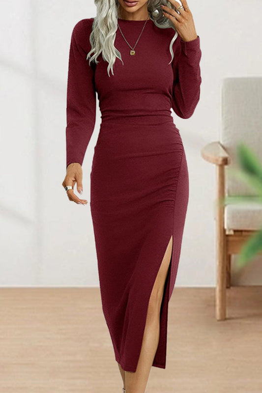 Sweet Elegant Solid Fold O Neck Sheath Dresses Burgundy