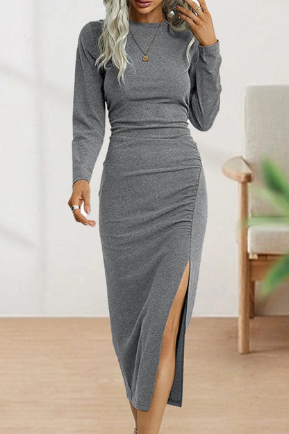 Sweet Elegant Solid Fold O Neck Sheath Dresses Light Gray