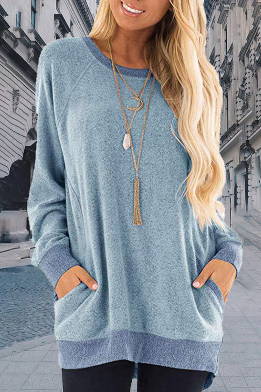 Casual Elegant Solid Contrast O Neck Tops Light Blue