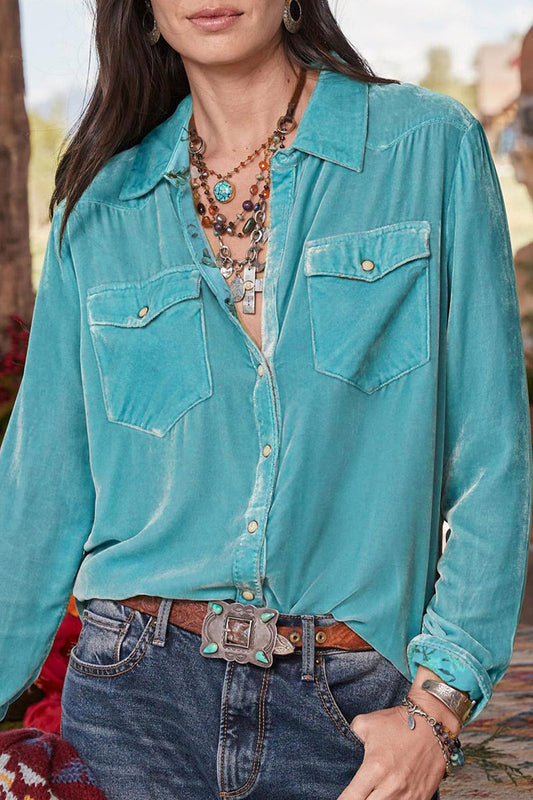 Casual Solid Pocket Asymmetrical Turndown Collar Tops Sky Blue