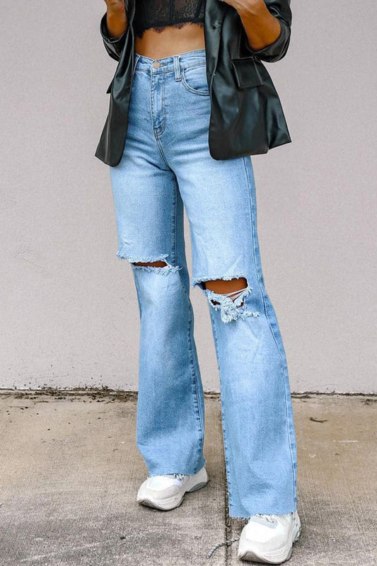 Street Solid Ripped High Waist Regular Denim Jeans Blue