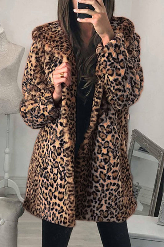 Casual Daily Leopard Printing Hooded Collar Outerwear Leopard Print