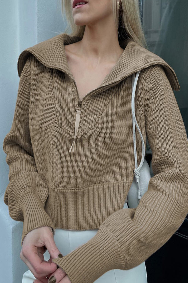 Elegant Solid Zipper Turndown Collar Tops Khaki