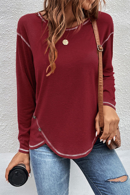 Casual Patchwork Buttons O Neck Tops Burgundy