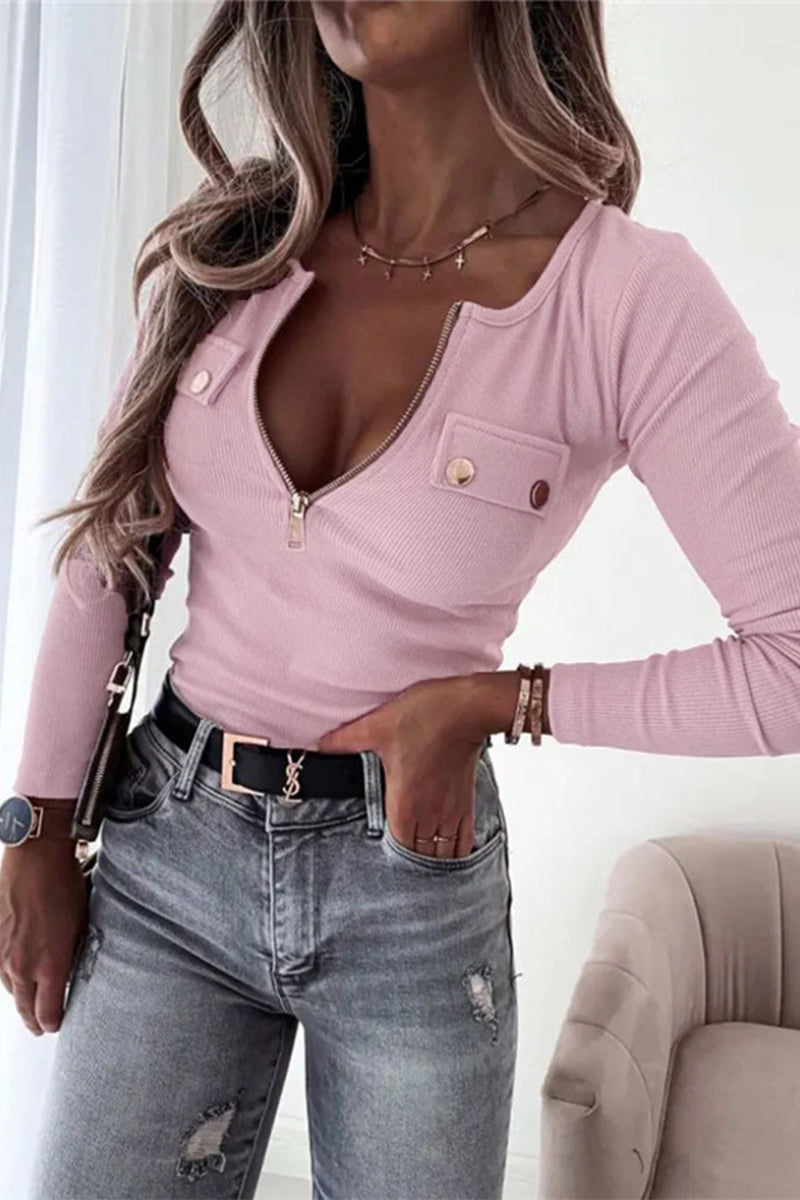 Casual Solid Buttons V Neck Tops Pink