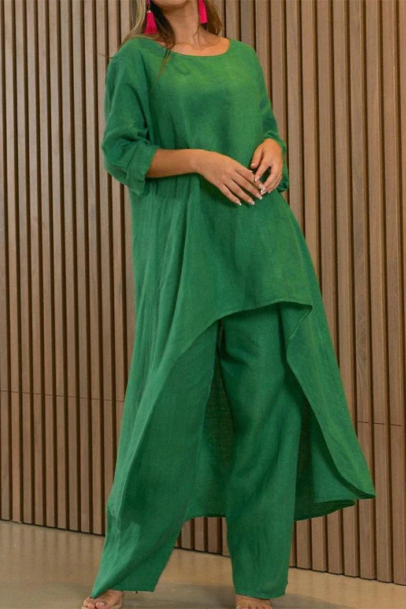 Casual Solid Asymmetrical O Neck Long Sleeve Two Pieces(7 Colors) Green