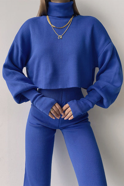 Casual Solid Solid Color Turtleneck Long Sleeve Two Pieces Blue