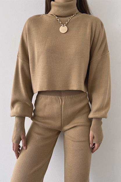 Casual Solid Solid Color Turtleneck Long Sleeve Two Pieces Khaki