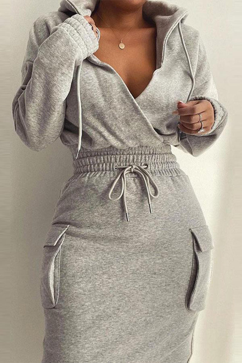 Street Solid Draw String Hooded Collar Long Sleeve Two Pieces Grey