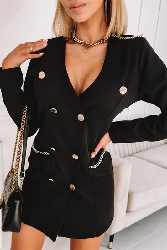 Casual Solid Patchwork V Neck Long Sleeve Dresses Black