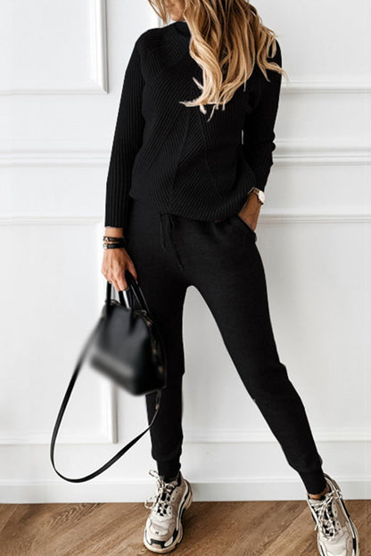 Casual Solid Solid Color Turtleneck Long Sleeve Two Pieces(9 Colors) Black