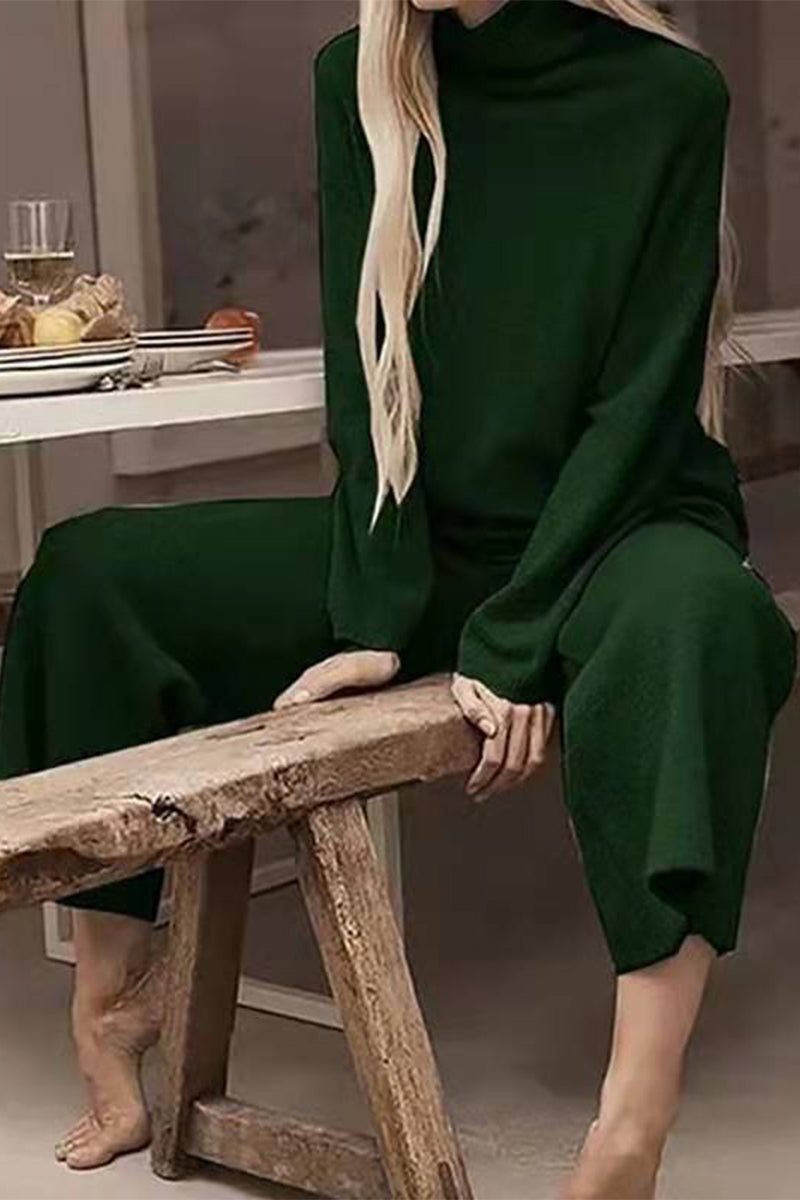 Casual Solid Solid Color Turtleneck Long Sleeve Two Pieces Green