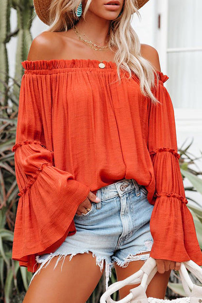 Street Solid Fold Off the Shoulder Tops(4 Colors) Tangerine