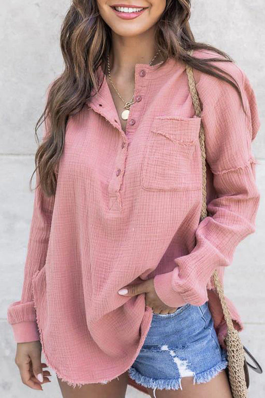 Casual Solid Buttons O Neck Tops Pink