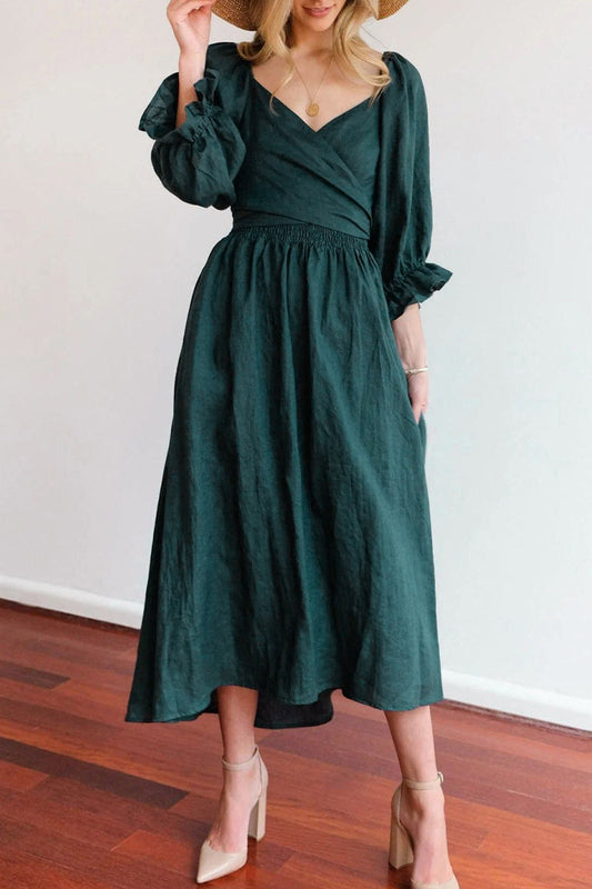 Elegant Solid Flounce Square Collar A Line Dresses Green