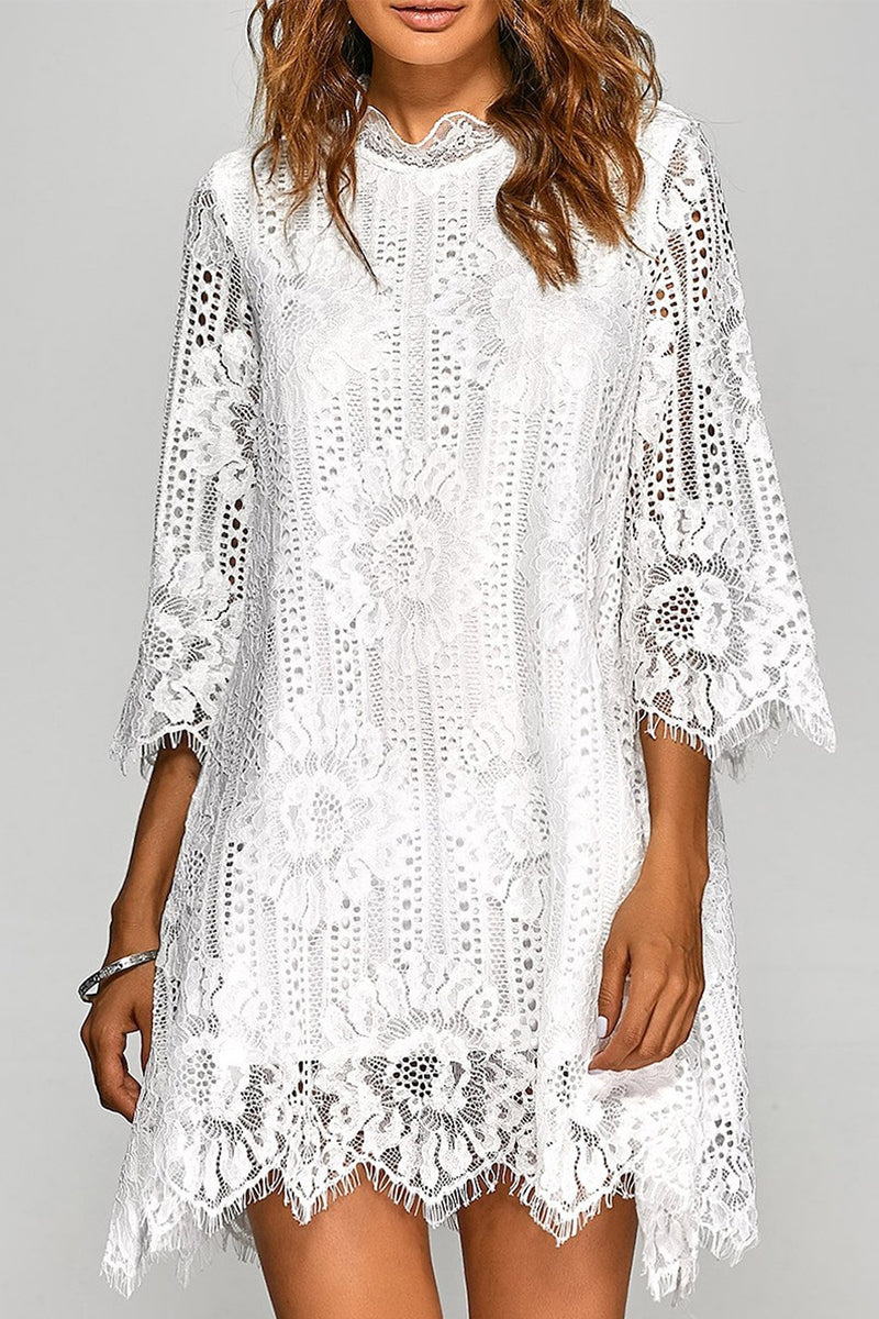 Elegant Solid Lace Asymmetrical O Neck A Line Dresses White