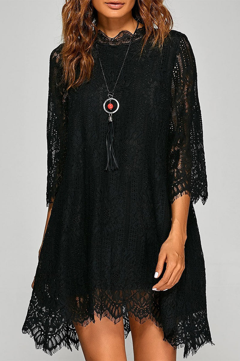 Elegant Solid Lace Asymmetrical O Neck A Line Dresses Black