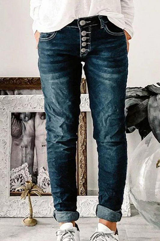 Street Solid Patchwork Mid Waist Regular Denim Jeans Deep Blue