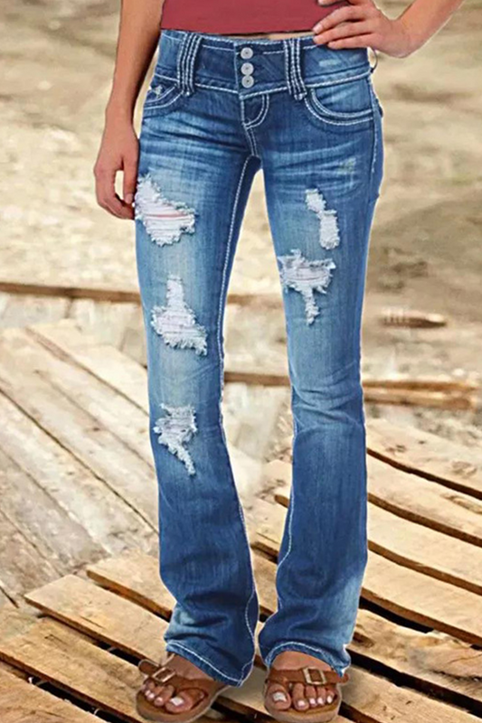 Street Patchwork Ripped High Waist Boot Cut Denim Jeans(8 Colors) Colorful Blue