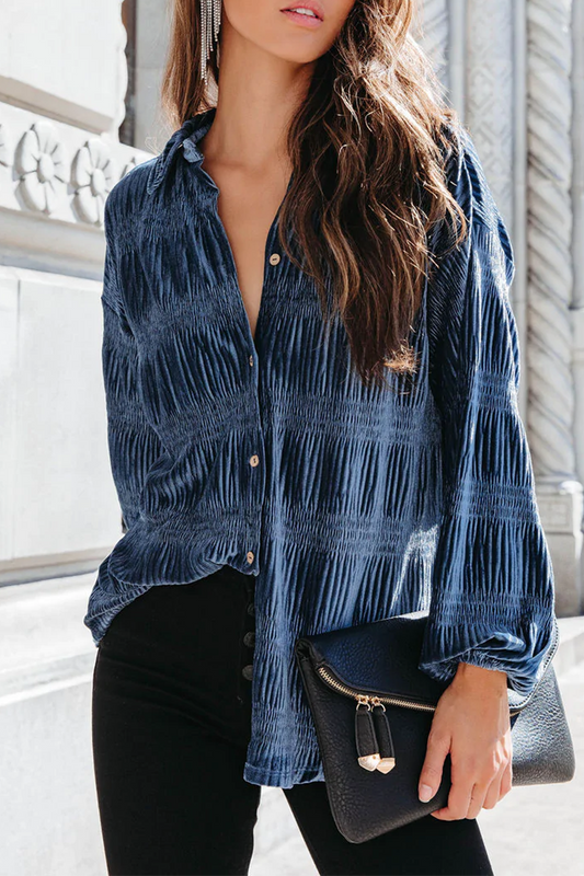 Casual Solid Patchwork Turndown Collar Tops Blue