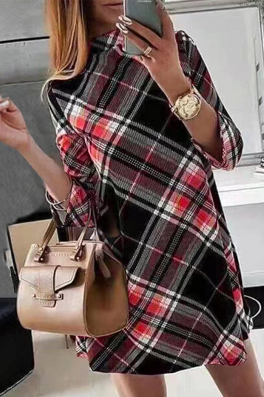 Street Plaid Half A Turtleneck Straight Dresses(3 Colors) Red