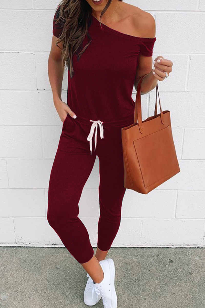 Casual Solid Draw String One Shoulder Skinny Jumpsuits Burgundy