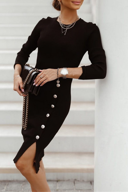 Street Solid Buckle O Neck Pencil Skirt Dresses Black