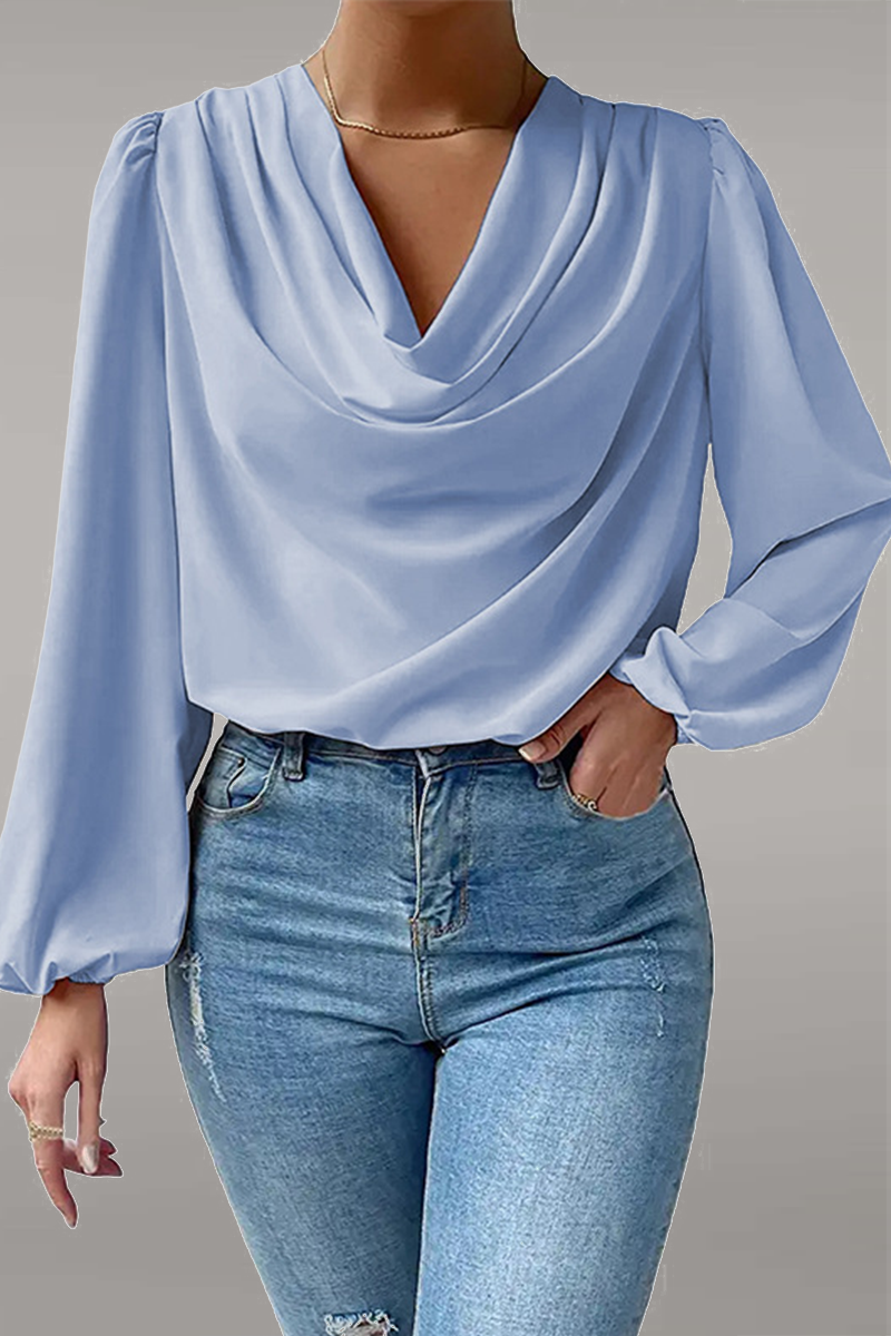 Casual Solid Patchwork U Neck Tops(6 Colors) Blue