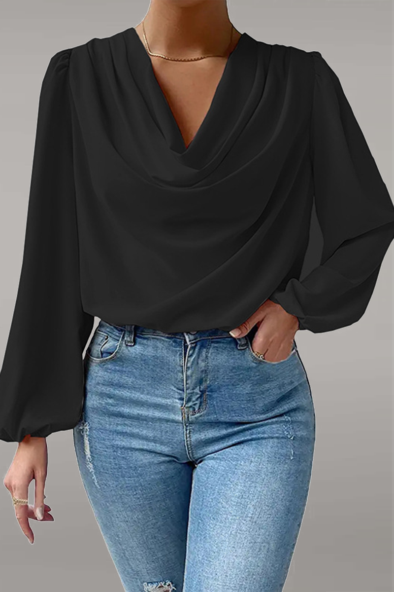 Casual Solid Patchwork U Neck Tops(6 Colors) Black