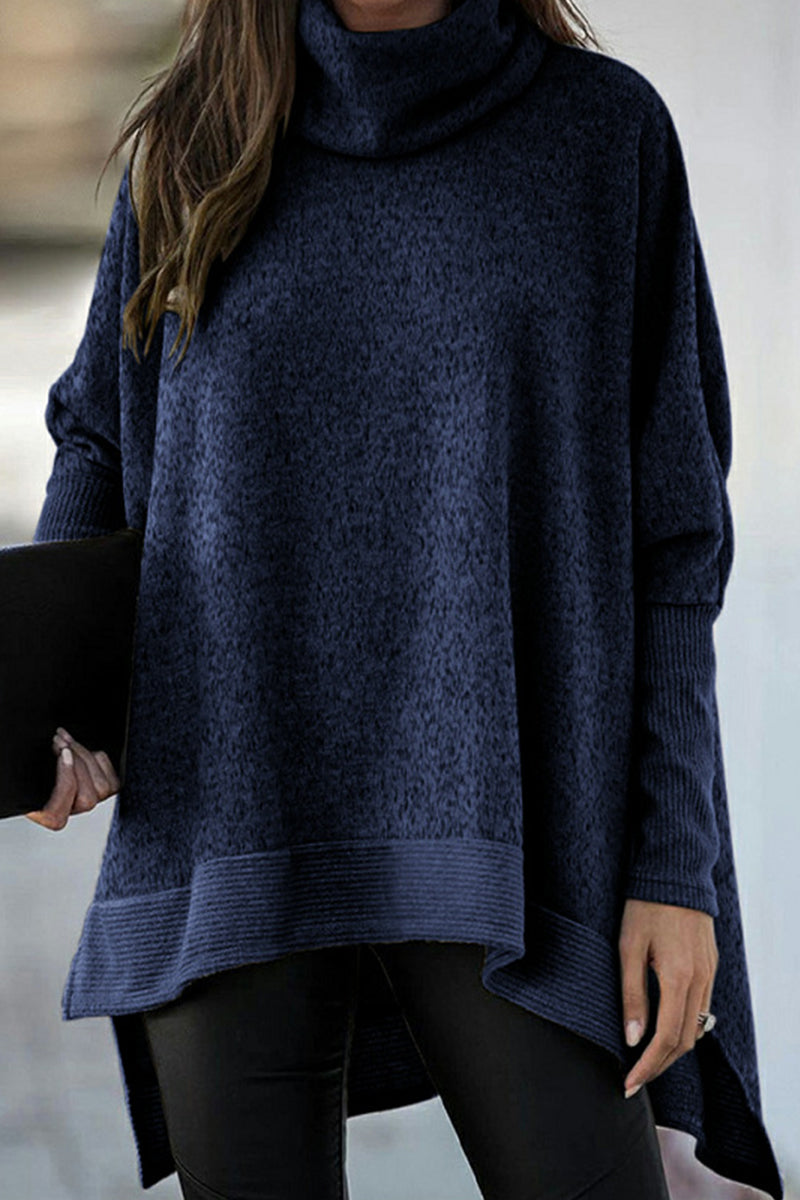 Casual Solid Patchwork Turtleneck Tops Blue