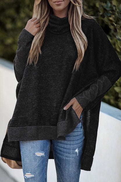 Casual Solid Patchwork Turtleneck Tops Black