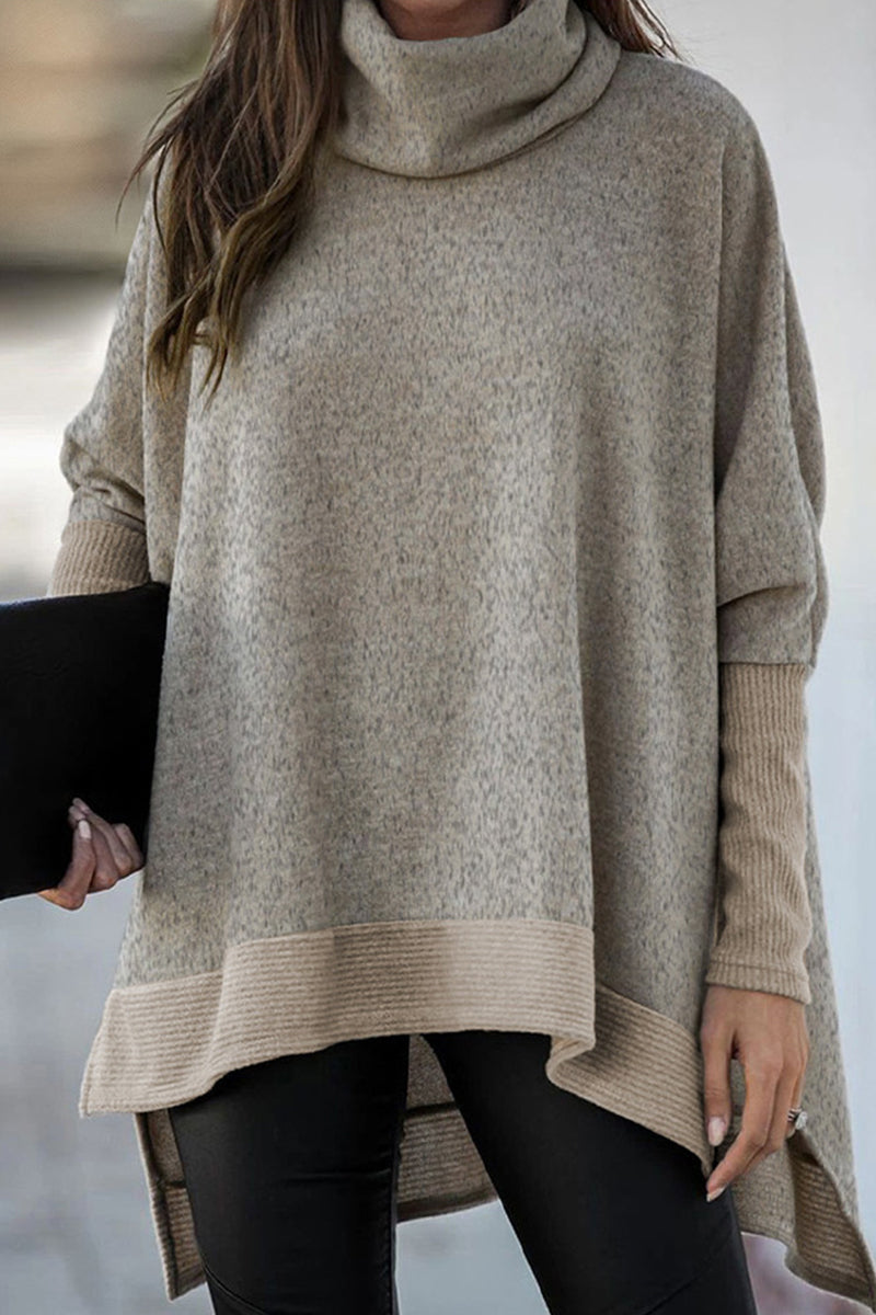 Casual Solid Patchwork Turtleneck Tops Khaki