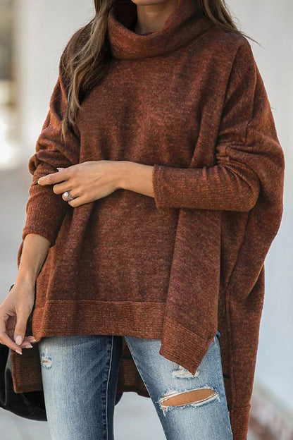 Casual Solid Patchwork Turtleneck Tops Brown