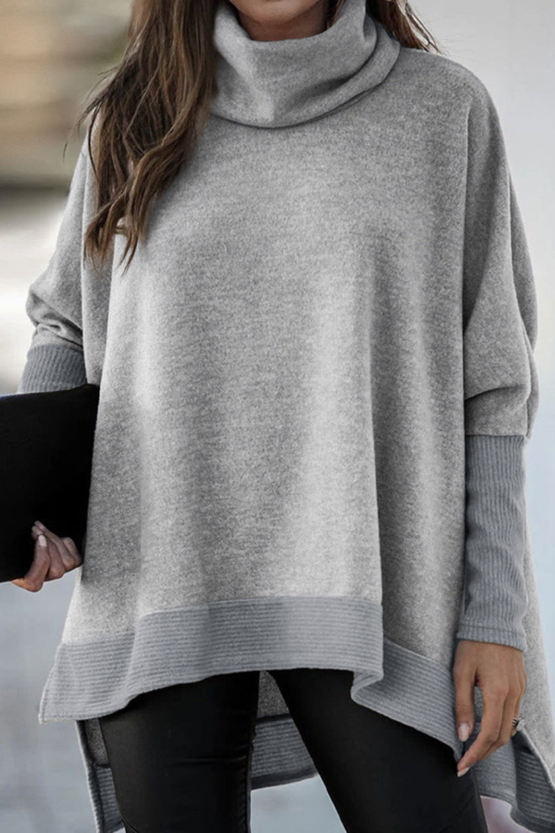 Casual Solid Patchwork Turtleneck Tops Grey