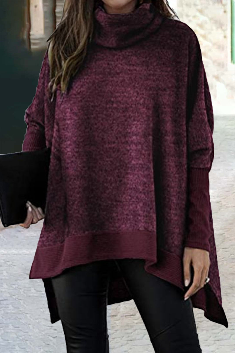 Casual Solid Patchwork Turtleneck Tops Burgundy